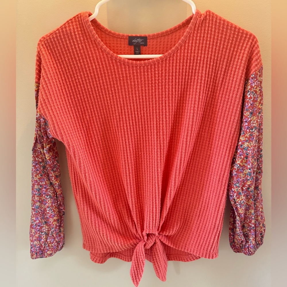 Girls Coral Waffle Knit Top with Floral Sleeves